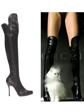 GUCCI x TOM FORD ERA 2003 Runway Black Leather Studded OTK Thigh High Boot